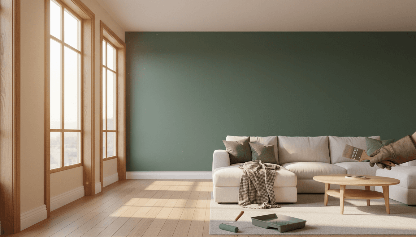 Professional painter applying fresh paint to an interior accent wall with precision and care