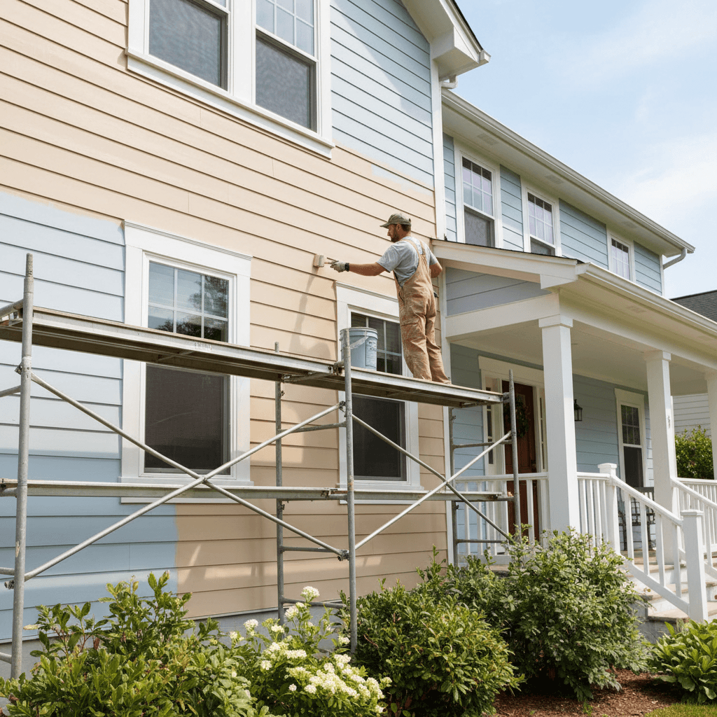 Exterior painting - professional applying finish paint to home siding