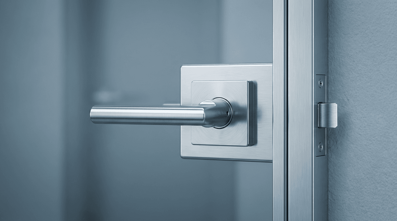Front door painted deep navy blue with brass hardware