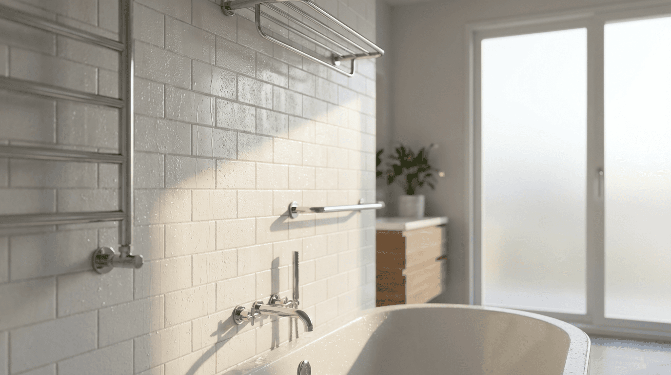 Bathroom walls and trim freshly painted in white and pale blue