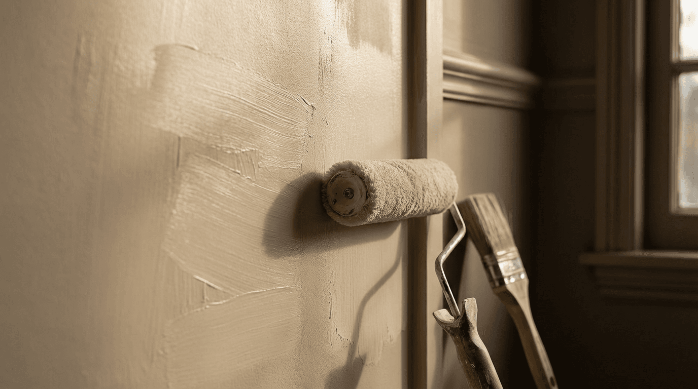 Professional painter applying fresh paint to a residential interior wall with careful attention to detail